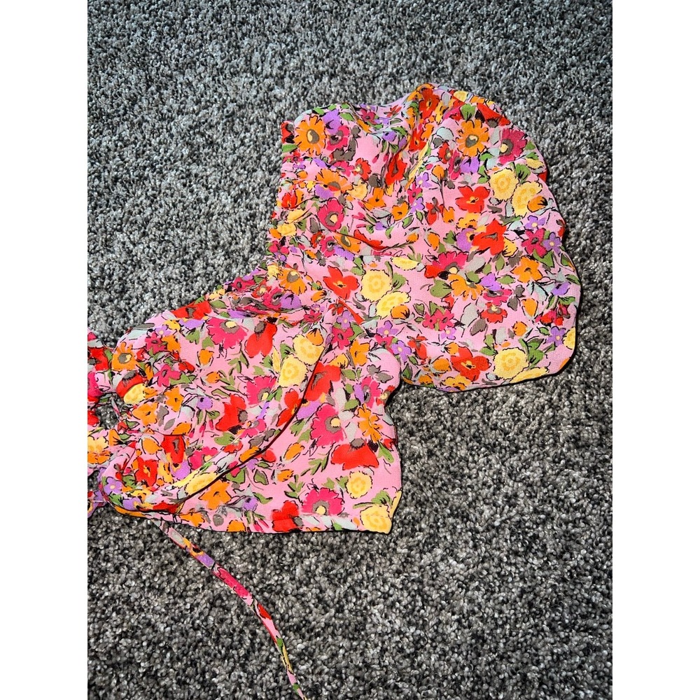 Wild Fable Puff Sleeve Keyhole Lace up Back pink Floral Bra Crop Top Size Medium - Picture 5 of 10